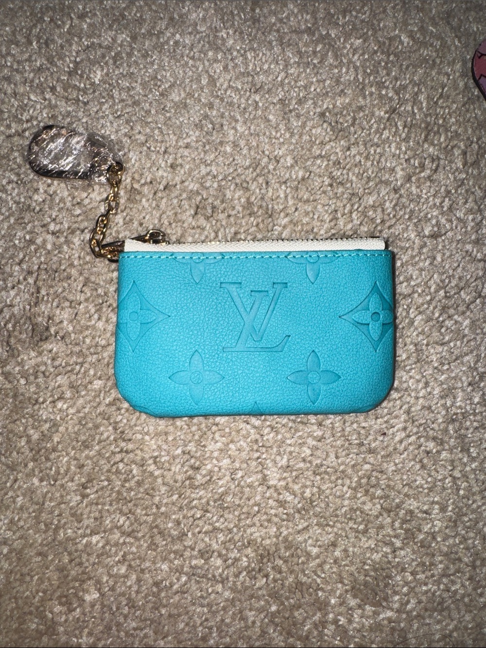 Turquoise Monogram Key Pouch with Gold Chain